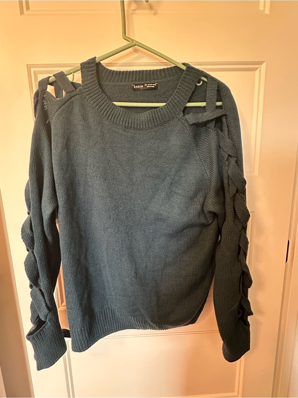 SHEIN Braided Cutout Sleeve Crewneck Sweater - Slate Blue